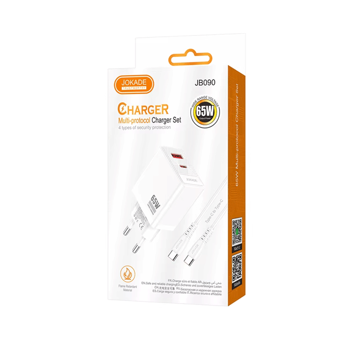 JOKADE JB090 Φορτιστής κινητού / Mobile Fast Charger 65W με 1 Θύρα USB-A Και 1 Θύρα Type-C Με Καλώδιο Type-C Σε Type-C - Χρώμα: Άσπρο