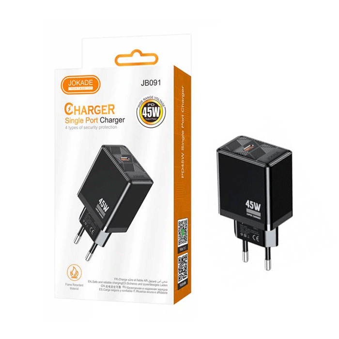 JOKADE JB091 Φορτιστής κινητού / Mobile Fast Charger 45W με 1 Θύρα Type-C - Χρώμα: Μαυρο