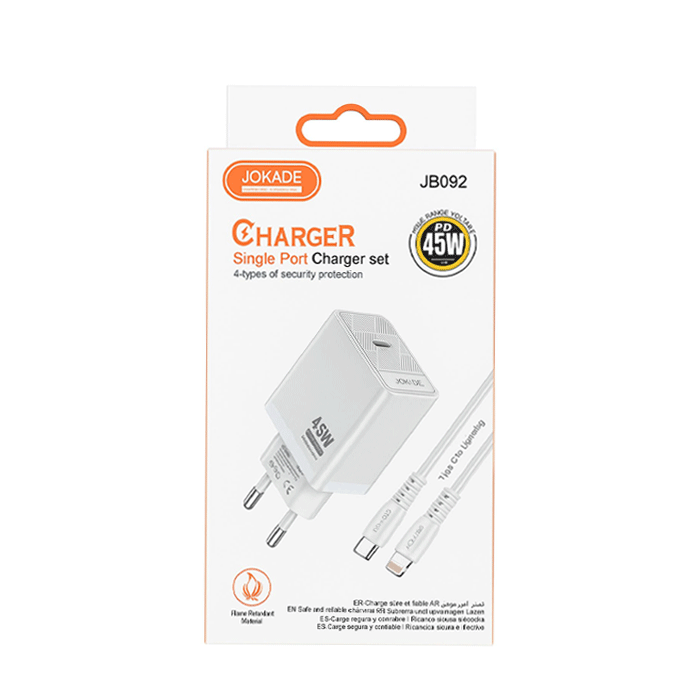 JOKADE JB092 Φορτιστής κινητού / Mobile Fast Charger 45W με 1 Θύρα Type-C Και Καλώδιο Type-C Σε Type-C - Χρώμα: Μαυρο