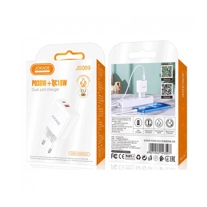 JOKADE JB099 Φορτιστής κινητού / Mobile Fast Charger με 1 Θύρα Type-C Και 1 Θύρα USB - Χρώμα: Λευκό