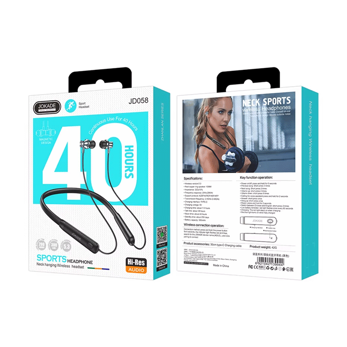 JOKADE JD058 Bluetooth Wireless Neck-Band Stereo Sport Earphones / Ασύρματα Ακουστικά - Χρώμα : Μαυρο
