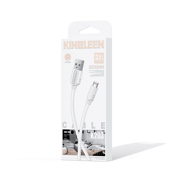 KINGLEEN K203 Καλώδιο Φόρτισης και Μεταφοράς Δεδομένων 2M / Charging And DATA CABLE USB ΣΕ Micro 2.1A - Χρώμα: Λευκό