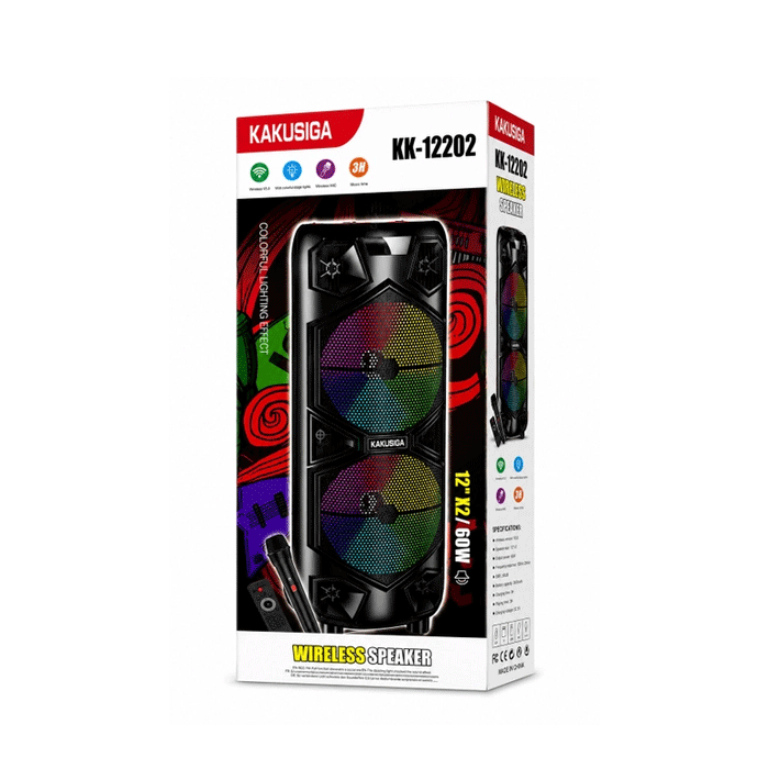 KAKUSIGA KK-12202 Wireless Speaker Bluetooth 12"x2 RGB With Wireless Microphone / Ασύρματο Ηχείο 60W - Χρώμα : Μαυρο