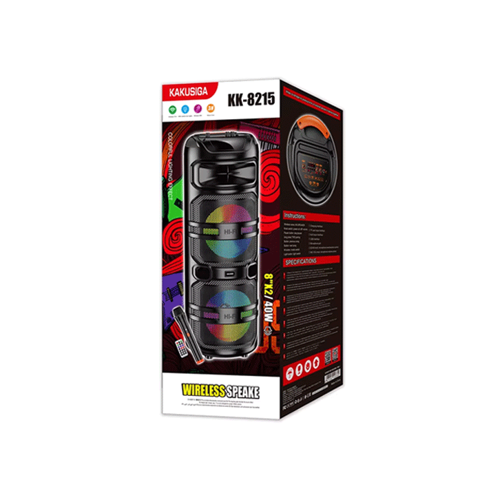 KAKUSIGA KK-8215 Wireless Speaker Bluetooth 8"x2 RGB With Wireless Microphone / Ασύρματο Ηχείο 40W - Χρώμα : Μαυρο