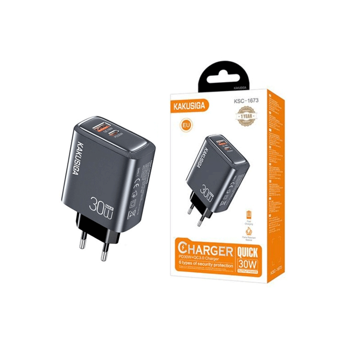 KAKUSIGA KSC-1673 Φορτιστής κινητού / Mobile Fast Charger 30W με 1 Θύρα USB-A Και 1 Θύρα Type-C - Χρώμα: Γκρι