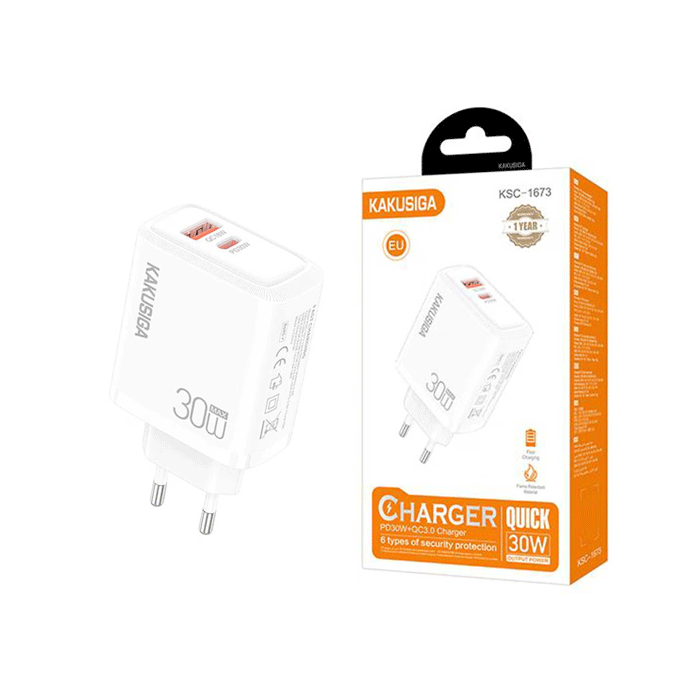 KAKUSIGA KSC-1673 Φορτιστής κινητού / Mobile Fast Charger 30W με 1 Θύρα USB-A Και 1 Θύρα Type-C - Χρώμα: Λευκό