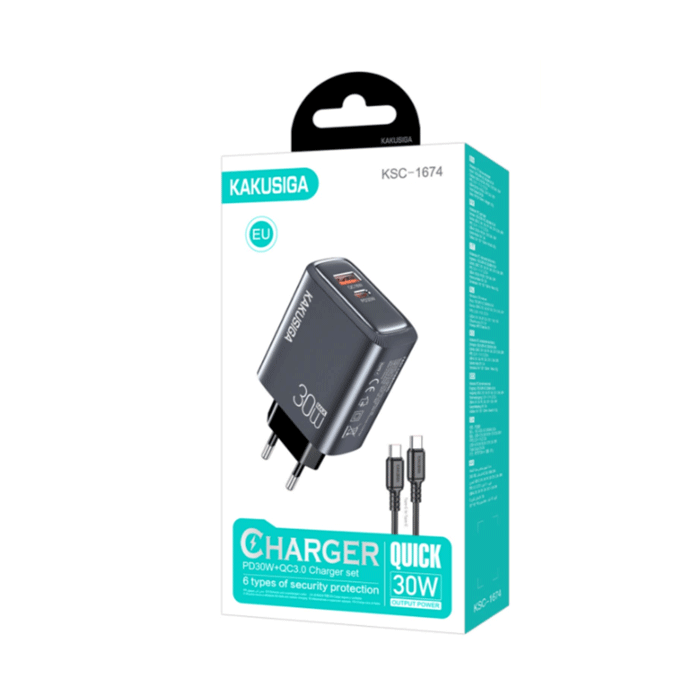 KAKUSIGA KSC-1674 Φορτιστής κινητού / Mobile Fast Charger 30W με 1 Θύρα USB-A Και 1 Θύρα Type-C Με Καλώδιο Type-C Σε Type-C - Χρώμα: Γκρι