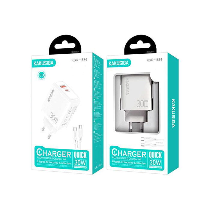 KAKUSIGA KSC-1674 Φορτιστής κινητού / Mobile Fast Charger 30W με 1 Θύρα USB-A Και 1 Θύρα Type-C Με Καλώδιο Type-C Σε Type-C - Χρώμα: Άσπρο