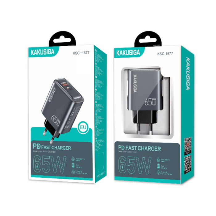 KAKUSIGA KSC-1677 Φορτιστής κινητού / Mobile Fast Charger 65W με 1 Θύρα USB-A Και 1 Θύρα Type-C - Χρώμα: Γκρι