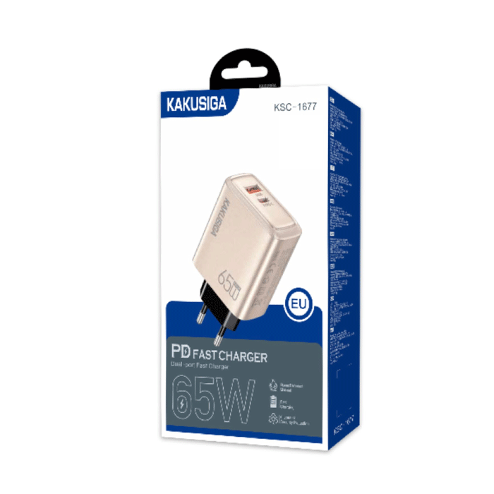 KAKUSIGA KSC-1677 Φορτιστής κινητού / Mobile Fast Charger 65W με 1 Θύρα USB-A Και 1 Θύρα Type-C - Χρώμα: Χρυσό Ροζ