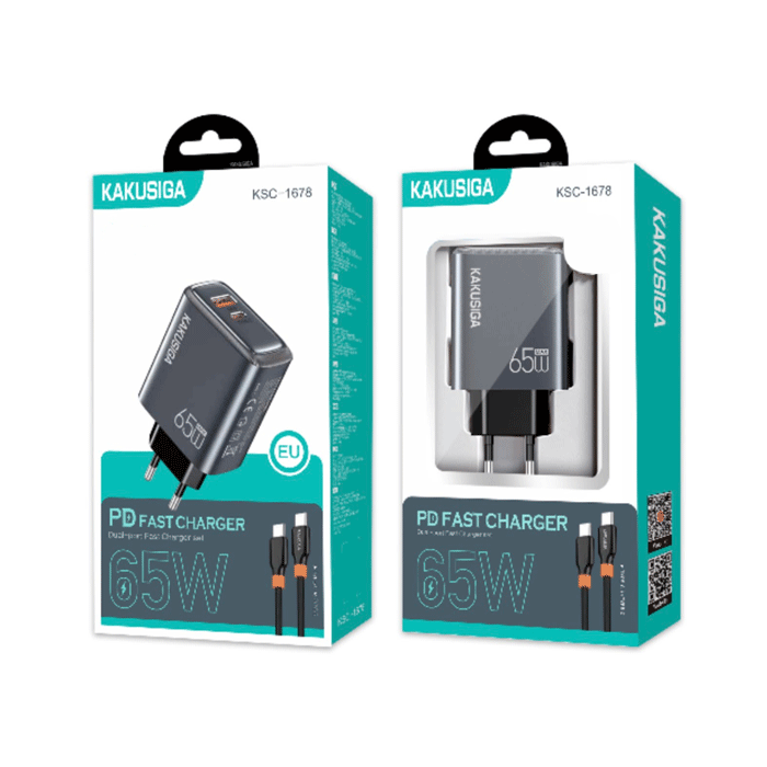 KAKUSIGA KSC-1678 Φορτιστής κινητού / Mobile Fast Charger 65W με 1 Θύρα USB-A Και 1 Θύρα Type-C Με Καλώδιο Type-C Σε Type-C - Χρώμα: Γκρι