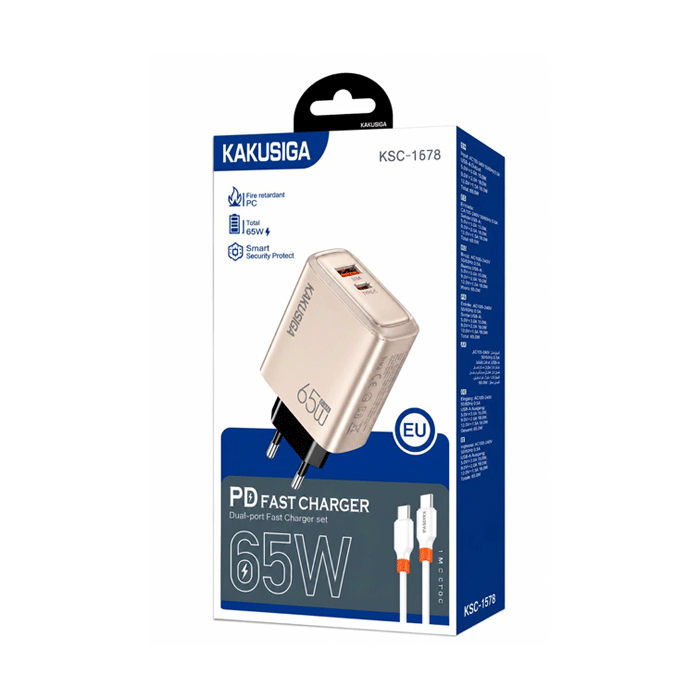 KAKUSIGA KSC-1678 Φορτιστής κινητού / Mobile Fast Charger 65W με 1 Θύρα USB-A Και 1 Θύρα Type-C Με Καλώδιο Type-C Σε Type-C - Χρώμα: Χρυσό Ροζ