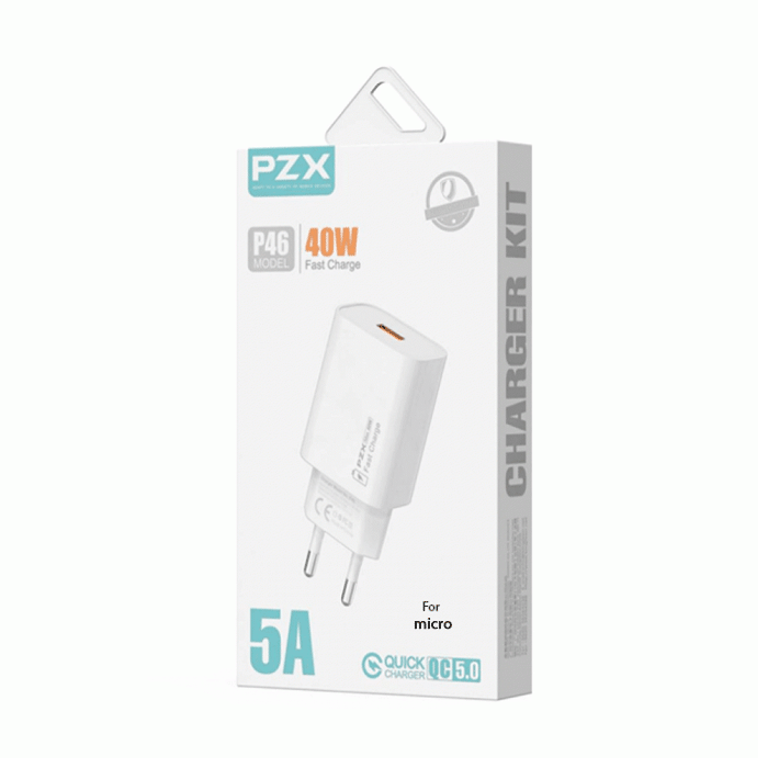 PZX P46 Φορτιστής κινητού / Mobile Charger 40W με 1 Θύρα USB-A Και Καλώδιο USB-A Σε Micro - Χρώμα: Λευκό