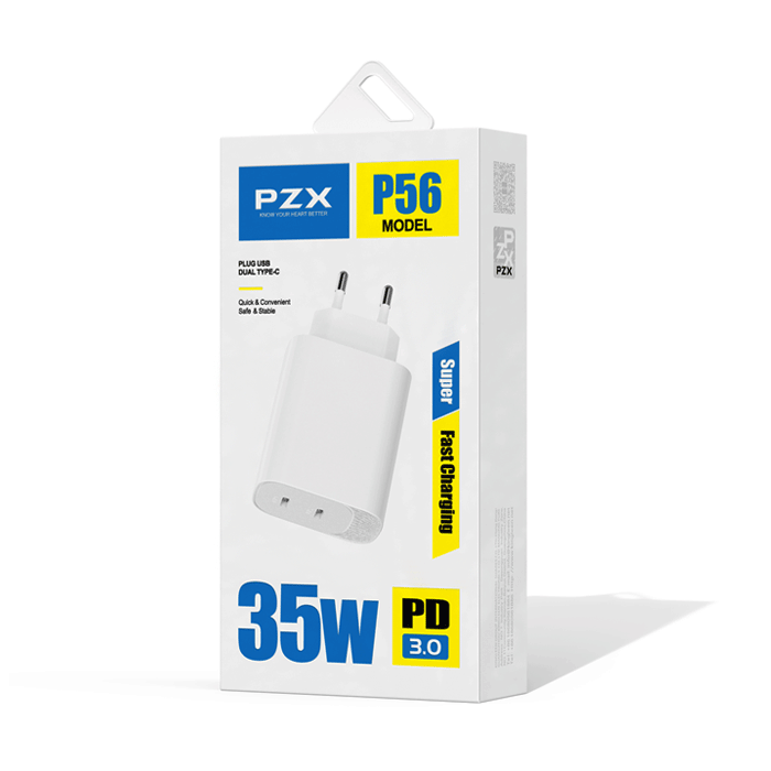 PZX P56 Φορτιστής κινητού / Mobile Charger 35W με 2 Θύρες Type-C Με Καλώδιο Type-C Σε Type-C - Χρώμα: Λευκό