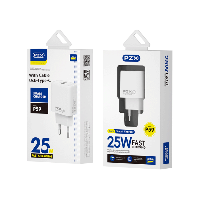 PZX P59 Φορτιστής κινητού / Super Fast Mobile Charger 25W με 1 Θύρα USB-A Με Καλώδιο USB ΣΕ Type-C - Χρώμα: Λευκό
