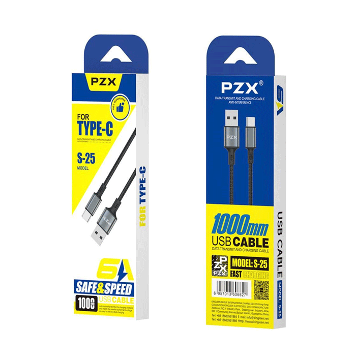 PZX S-25 Καλώδιο Φόρτισης και Μεταφοράς Δεδομένων 1M / Fast Charging And DATA CABLE USB Σε Type-C 6A - Χρώμα: Μαυρο