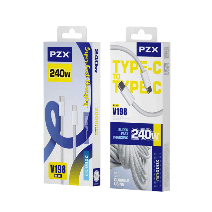PZX V198 Καλώδιο Φόρτισης και Μεταφοράς Δεδομένων 2M / Super Fast Charging And DATA CABLE Type-C Σε Type-C 240W - Χρώμα: Λευκό