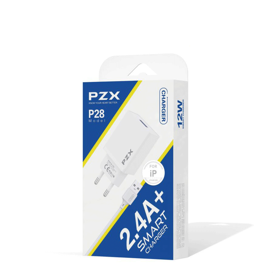 PZX P28 Charger With 1 Port USB 2.4A With Cable USB-A To Lightning - Color: White