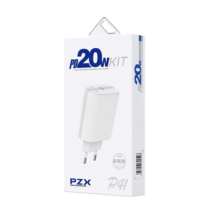 PZX P41 Super Fast Mobile Charger 20W With 1 Type-C Port With Cable Type-C To Lightning - Color: White