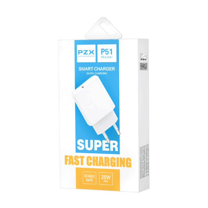 PZX P51 Super Fast Mobile Charger 25W With 1 Type-C Port And Cable Type-C To Type-C - Color: White