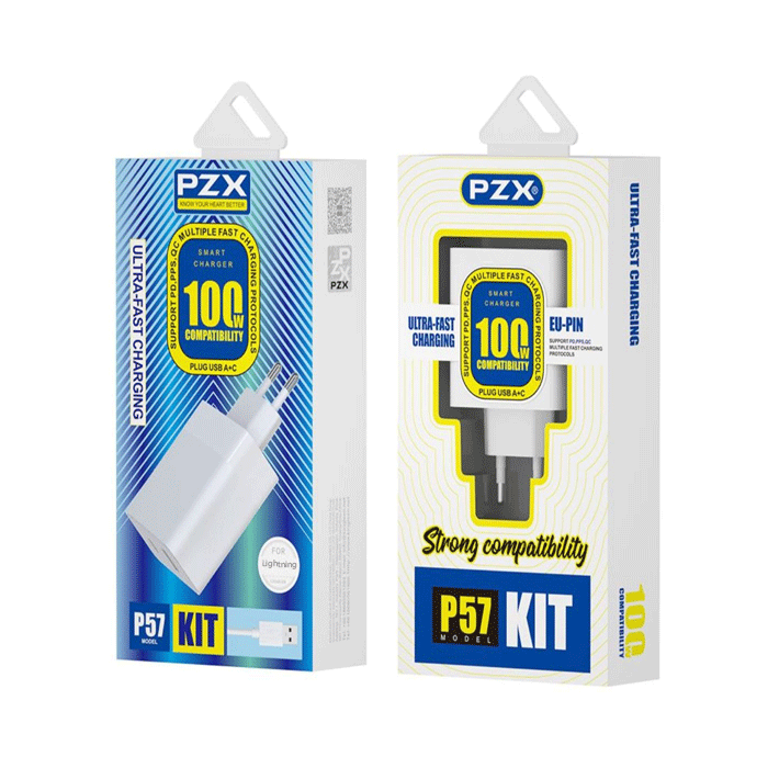 PZX P57 Mobile Fast Charger 100W With 1 USB-A Port And 1 Type-C Port With Cable USB-A To Lightning - Color: White
